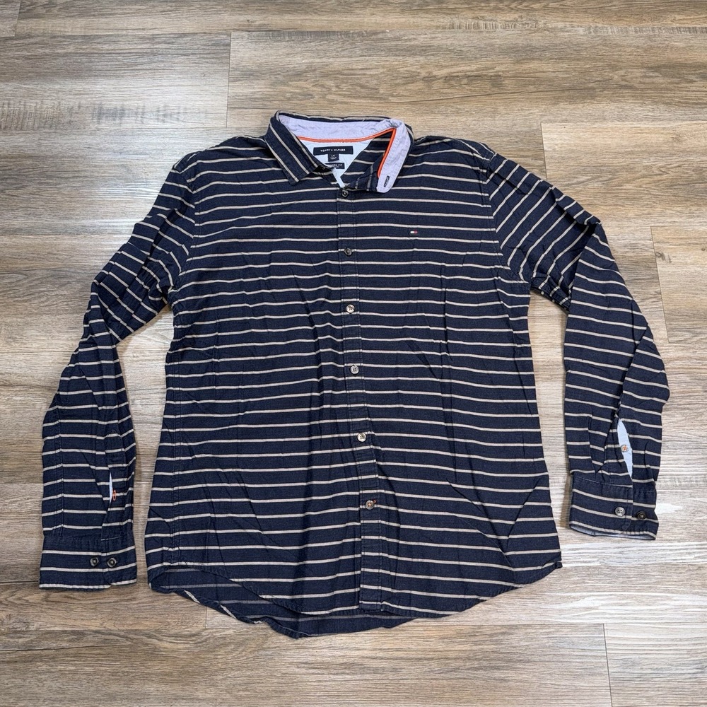 Tommy Hilfiger Shirt Mens Large Long Sleeve New Horizontal Stripes Spread Collar